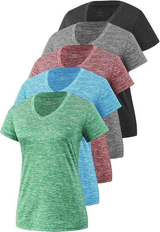 5-Pack Women'S Short Sleeve Dry Fit T-Shirt Moisture Wicking V-Neck Tee | Exercise Yoga Tees,Quick Dry Tops for Workout,Gym